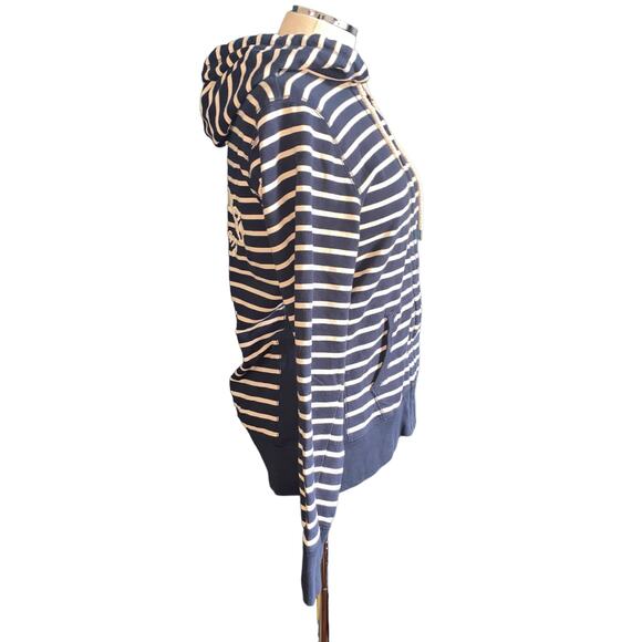 Lucky Brand Navy Blue Striped Zip Up Embroidered Knit Track Hoodie Size Large - Picture 2 of 8